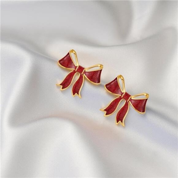 Red Bow Earrings | 18K Gold Plated Studs | Shiny Oil Drop Finish - Picture 3 of 7